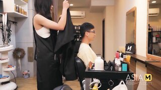 Sensual Asian beauty receives a steamy blowjob and pussy licking in a barber shop, leading to passionate oral sex and intense pleasure.