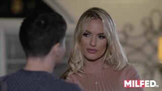 Taboo video features a milfy mom in lingerie giving a blowjob, leading to a wild cowgirl ride and a facial cumshot.