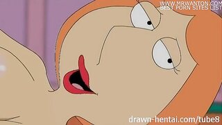 In this animated encounter, Marge Simpson and Lois Griffin from Family Guy indulge in sensual lesbian activities, exploring each other\'s bodies with their fingers and a dildo. The video, brought to you by drawnhentai.com, showcases their passion in a variety of positions, including the use of a strap-on, all while being tastefully drawn in a cartoon style.