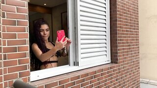 In this steamy video, a brunette with long hair and natural tits indulges in deep throat action while hiding behind the window. The excitement is palpable with the addition of xxxbp.