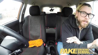 Busty blonde minx gets down and dirty in a steamy car ride, ignores fake driving instructor\'s rules. xxxbp