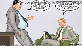 Cartoon depicts nerdy secretary choking on boss\'s big dick in office, ending with cum in mouth.