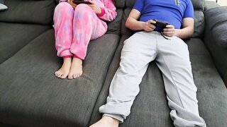 Stepsister sucking and playing videogames with stepbrother, enjoying cum eating sex, brilliant brother and sister sexual fun on the couch and sofas xxx with Miss Squirting